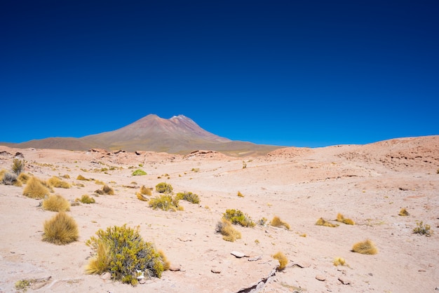 Skalista pustynia i parujący wulkan w oddali