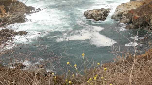 Skalisty, skalisty ocean, mglista pogoda, fale rozbijające się na plaży w Kalifornii big sur