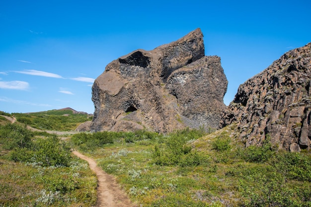 Zdjęcie „skały echa” lub hljodaklettar w kanionie jokulsargljufur w parku narodowym vatnajokull na islandii