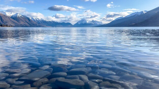 Zdjęcie skały i kamyki na dnie jeziora z południowymi alpami w tle