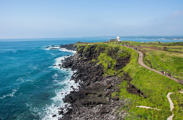 Skały na plaży z jasną wodą morską w Seopjikoji Jeju Island South Korea