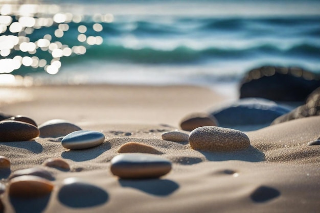 skały na plaży z odbiciem słońca na nich