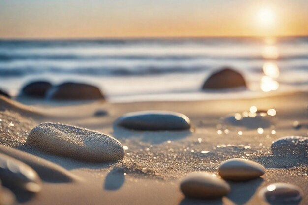 skały na plaży z zachodem słońca na tle