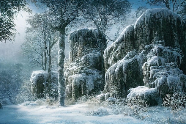 Skały w zaśnieżonym lesie są pokryte lodem renderowania 3D