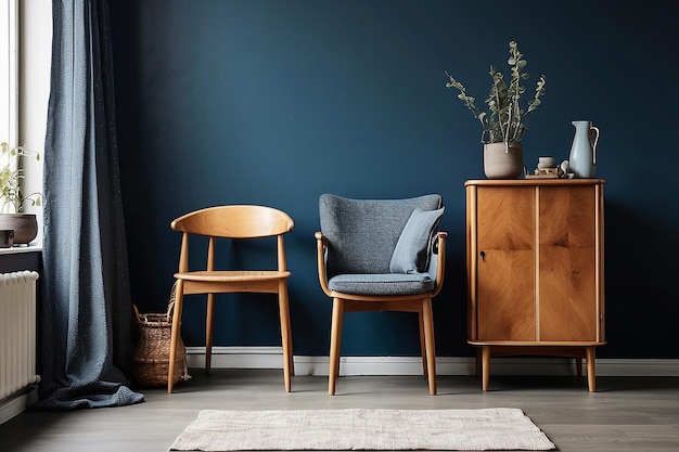 Skandynawska drewniana szafka w stylu vintage z krzesłem przy ciemnoniebieskiej ścianie