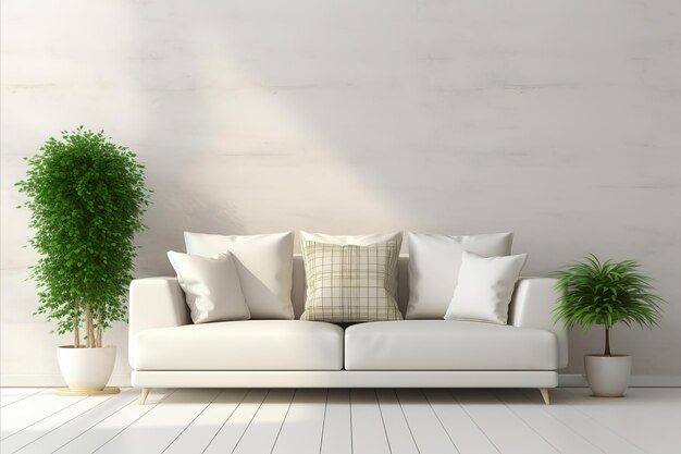 Skandynawska salona biała kanapa, klatki, poduszki i zielone rośliny domowe dla przytulnego ambientu hygge