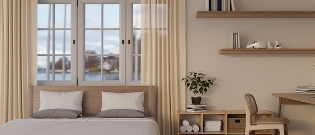Skandynawski minimalistyczny wnętrze sypialni z wygodnym łóżkiem przy oknie z przejrzystymi zasłonami