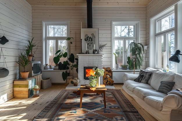 Zdjęcie skandynawski projekt wnętrza domu rolniczego nowoczesnego salonu z kominem