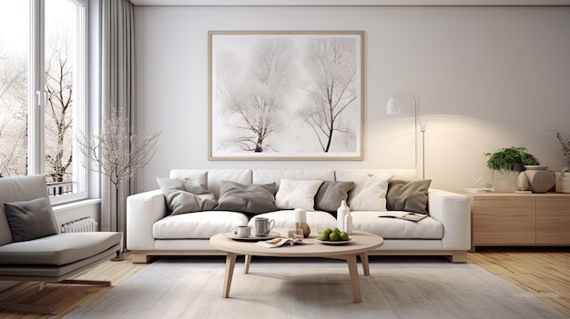 Skandynawski projekt wnętrza z białą kanapą w eleganckim pokoju