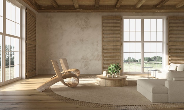 Skandynawski styl wiejski beżowy wnętrze salonu z naturalnymi drewnianymi meblami