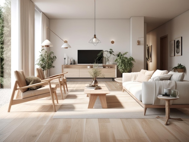 Skandynawski wygodny salon z drewnianą podłogą i meblami Generative AI