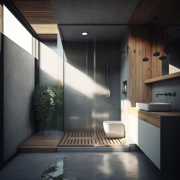 Skandynawskie i minimalistyczne wnętrze łazienki w stylu nordyckim z drewnianymi detalami generatywnymi ai