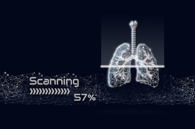 Skanowanie ludzkich płuc low poly z cyfrową linią na ciemnoniebieskim tle. Opieka zdrowotna, medycyna