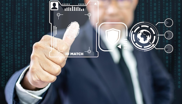 Skanowanie odcisków palców biznesmena do dostępu biometrycznego z technologią tożsamości i wysokiego bezpieczeństwa
