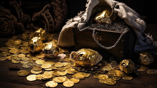 Skarb piratów lśniące dublony ukrywały bogactwo Fortuny marynarzy pogrzebały bogactwo Odkryj urok pirackiego złota Wygenerowane przez sztuczną inteligencję