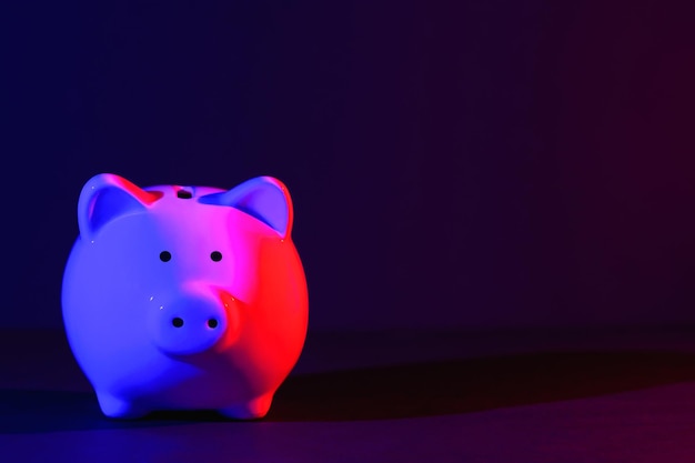 Zdjęcie skarbonka na ciemnym tle z przestrzenią kopiowania redblue backlight koncepcja bankowości jasne neony