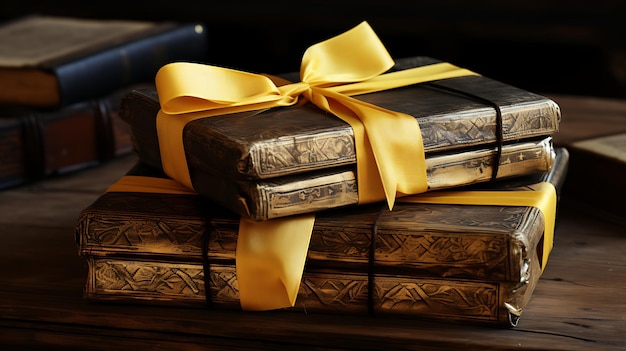 Skarby literackie Stos starych książek z żółtą wstążką na drewnianym stole