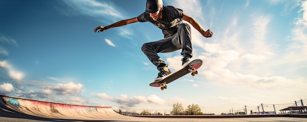 Skateboarder robiący sztuczkę z banerem