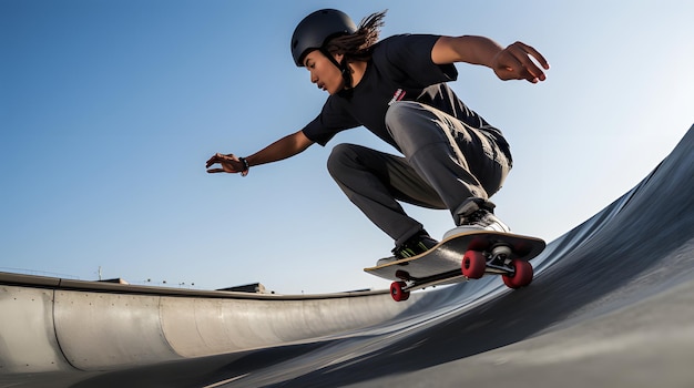 Skateboarder szlifuje na szynie w miejskim skate parku