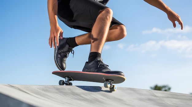 Skateboarder wykonujący sztuczkę na rampie halfpipe w skate parku
