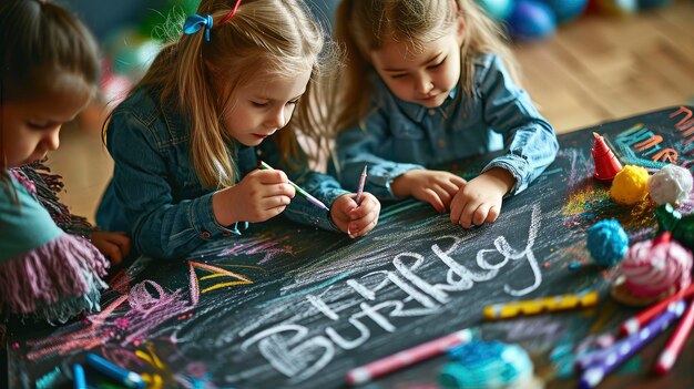 Zdjęcie sketch dzieci na urodzinowej uroczystości z balonami i ciastem