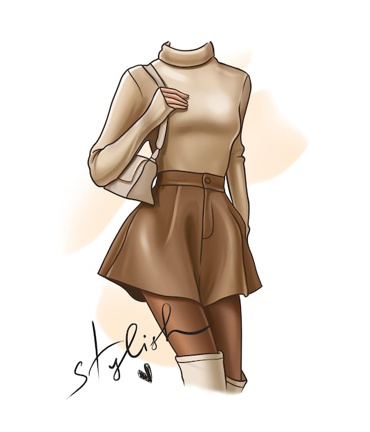 Sketch mody dziewczyny w stylowych ubraniach z literami