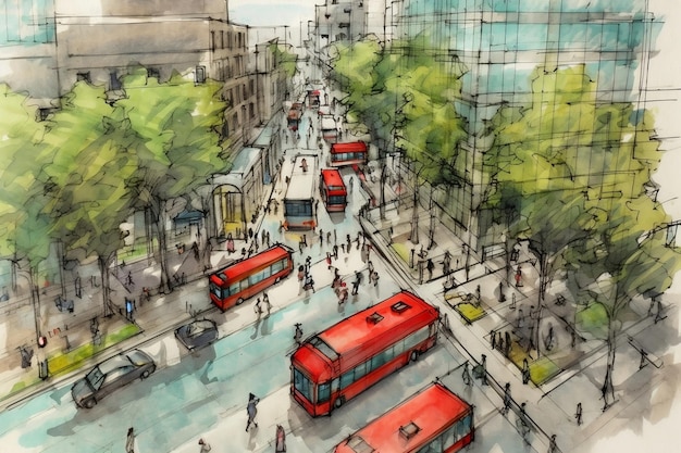Sketch planowania miejskiego Zrównoważony projekt podkreśla sztuczną inteligencję generatywną