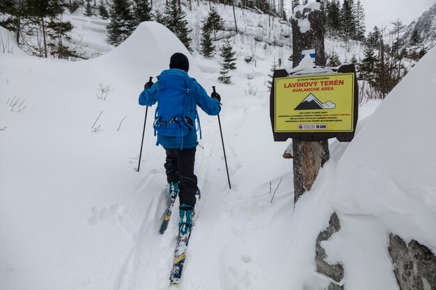 Skitour przewodnik prowadzi grupę w zagrożonym lawinami terenie backcountry w zaśnieżonych Tatrach Wysokich na Słowacji