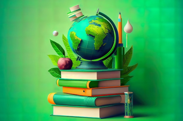 Skład edukacji z kulą ziemską stos książek i przyborów szkolnych na zielonym tle