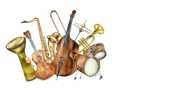 Skład gitara saksofon kontrabas instrumenty muzyczne akwarela ilustracja na białym tle