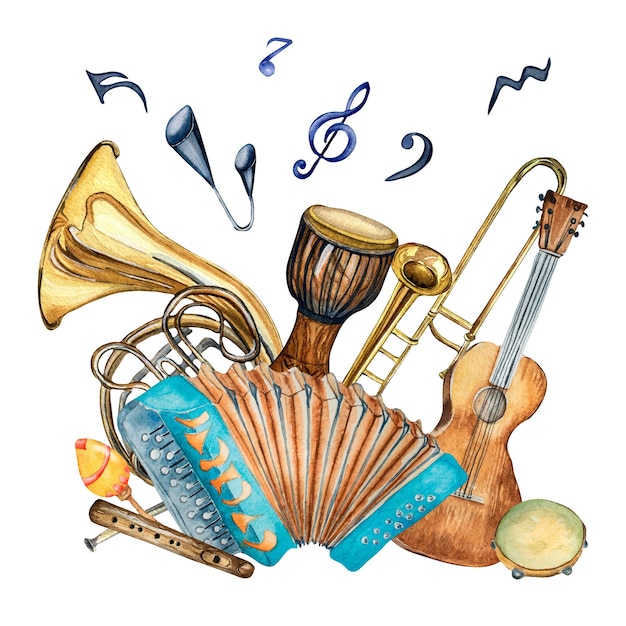Zdjęcie skład jazzowych instrumentów muzycznych i symbol akwarela ilustracja na białym tle