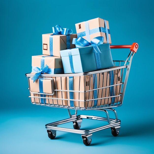 Skład koszyka lub wózka z pudełkami lub torbami na prezenty Wyprzedaż w cyberponiedziałek lub dzień zakupów