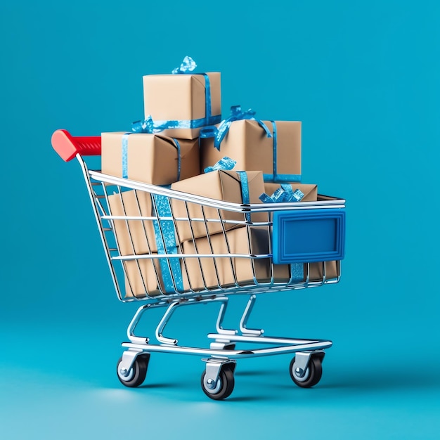 Skład koszyka lub wózka z pudełkami lub torbami na prezenty Wyprzedaż w cyberponiedziałek lub dzień zakupów