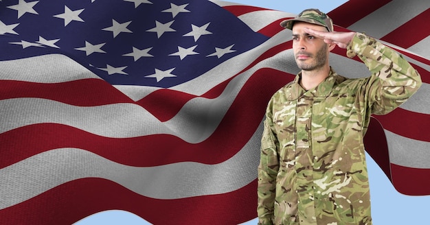 Zdjęcie skład męskiego żołnierza salutującego nad amerykańską flagą