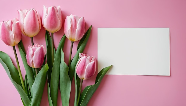 Zdjęcie skład różowych tulipanów wstążkami pusta karta na różowym tle tulipany wiosenny bukiet