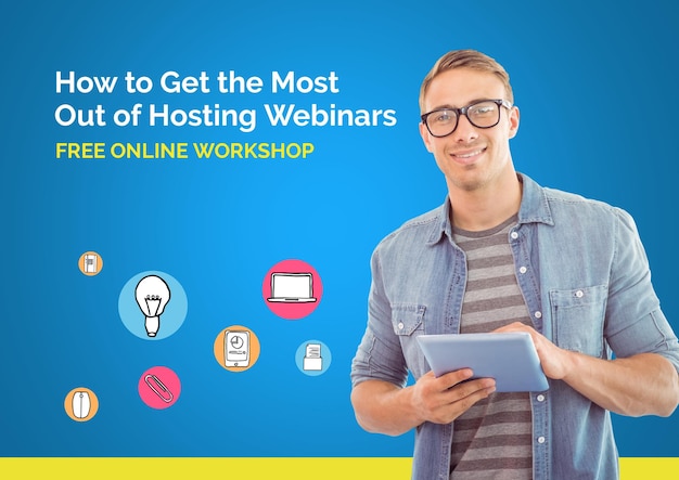 Zdjęcie skład tekstu seminariów internetowych z uśmiechniętym mężczyzną za pomocą ikon tabletu i multimediów na niebiesko