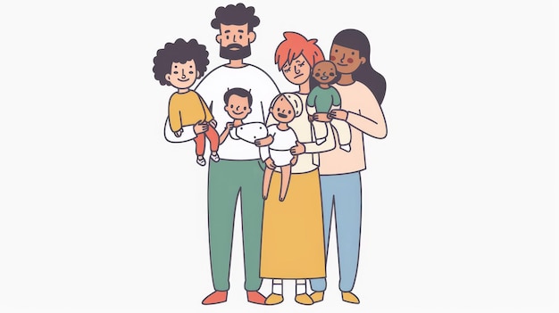 Skład zróżnicowanej rodziny z dziećmi jest przedstawiony w tej minimalistycznej nowoczesnej ilustracji w stylu płaskim