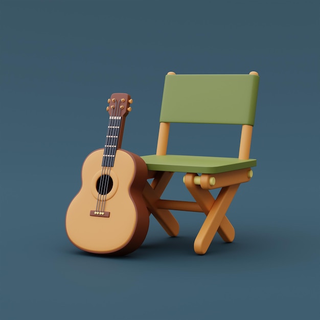 Składane krzesło kempingowe z gitarą na białym tle na niebieskim tle na obóz letni, wakacje concept.minimal style.3d rendering.