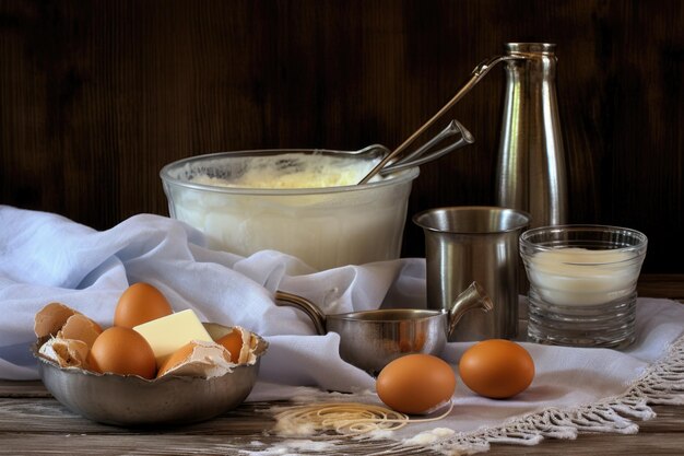 Składniki na ciasto makaronowe jaja mąka i woda stworzone za pomocą generatywnego ai
