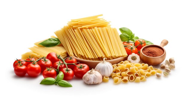 Składniki na włoski makaron z pomidorami, serem, czosnkiem, przyprawami Wygenerowana AI