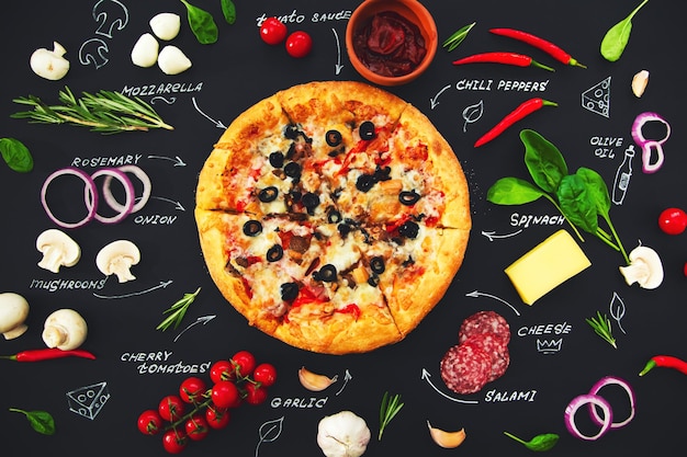 Składniki pizzy i nazwy produktów napisane kredą na czarnym tle