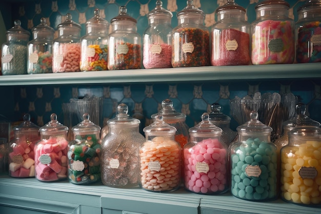 Sklep ze słodyczami z zabytkowymi słoikami z cukierkami, retro słodyczami i nostalgicznym wystrojem