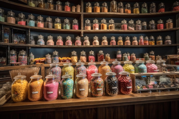 Sklep ze słodyczami ze szklanymi słojami wypełnionymi kolorowymi smakołykami i drewnianą ekspozycją