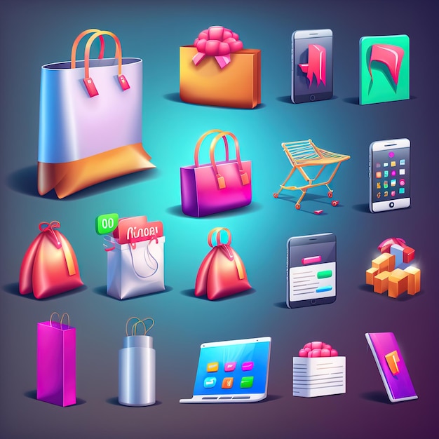 Zdjęcie sklep zestaw ikon renderowania 3d torba prezentowa smartfon z plastikową kartą obiekty renderowania 3d. ilustracja rastrowa