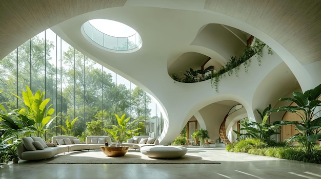 Sklepienie futurystycznego, krzywoliniowego wnętrza z białym sztukaterią, minimalną przestrzenią życiową wzmocnioną żywym zielonym tłem i zielonymi roślinami