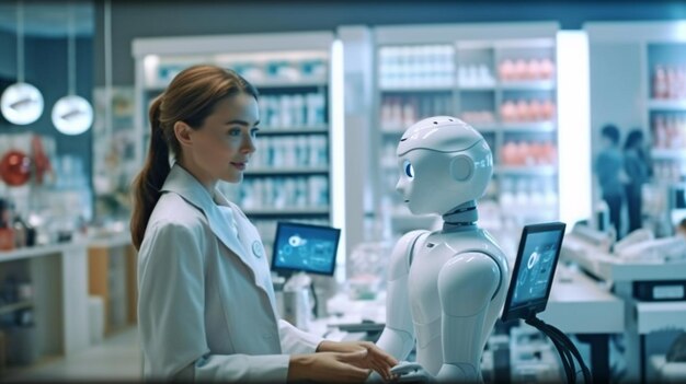 Zdjęcie sklepy detaliczne lub domy towarowe wdrażają doradców robotów, aby pomagali klientom i dostarczali informacji o produktach podczas przeglądania generative ai