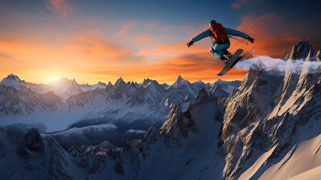 Skoczka na nartach wznosi się w środku szczytów górskich o świcie