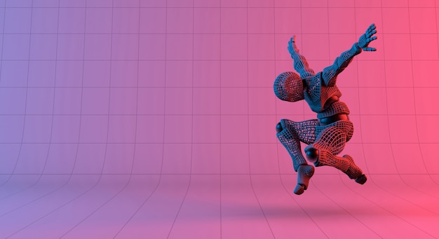Skok szkieletu robota na gradientowym czerwonym fiołkowym tle