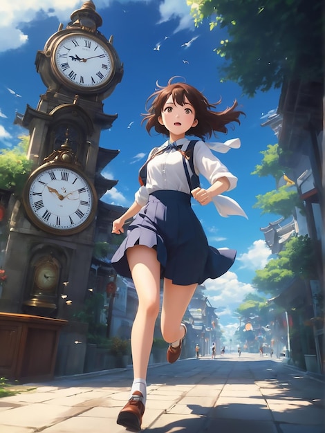 Zdjęcie skok w czasie, kiedy piękna dziewczyna biegnie szczegółowa ilustracja w stylu anime