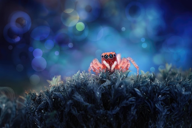 Skokowy pająk w kolorowej surrealistycznej naturze